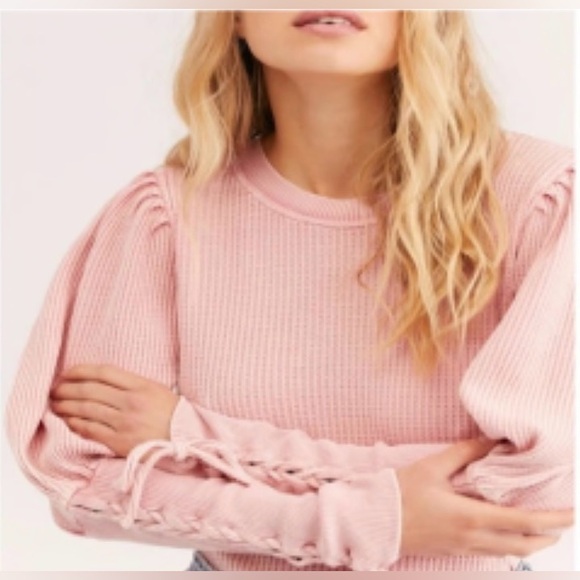 NWT Free People Tasha One Top Pink Waffle Knit Laceup Long Puff Sleeves SZ:M-L - Picture 2 of 13
